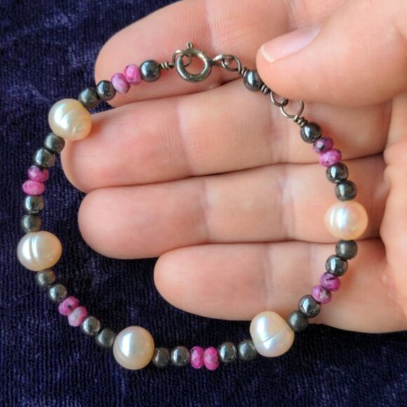 925 Sterling Silver Bracelet With Natural Earth Mined Rubies And Pearls - Picture 2 of 12